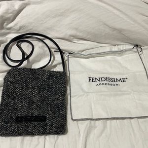 Fendissime black white nubby wool min bag square leather patent strap like new